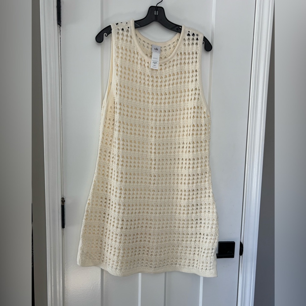 Cabi Crochet Swim Cover-Up Dress Size L Cream Cotton Sleeveless Mini 6433 new
